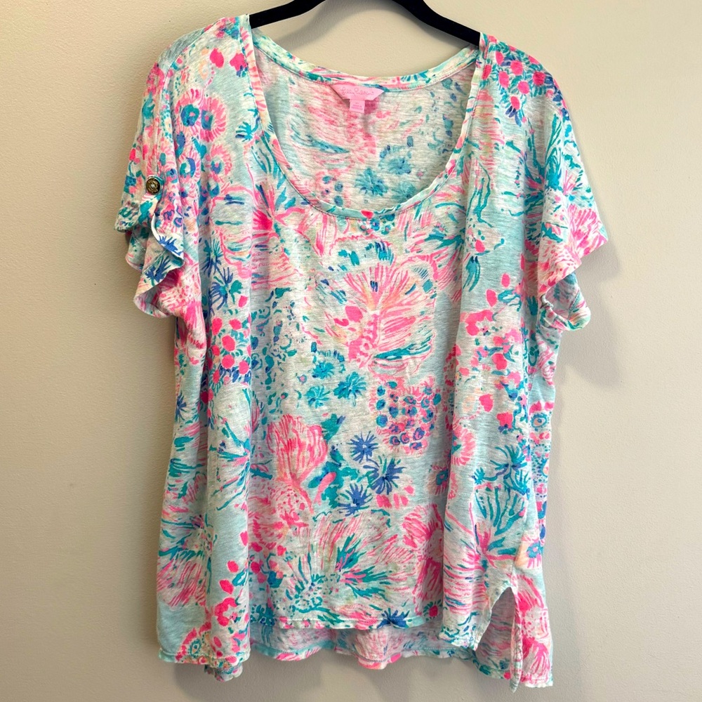 Lilly Pulitzer Linen Shirt Serene Blue Fish